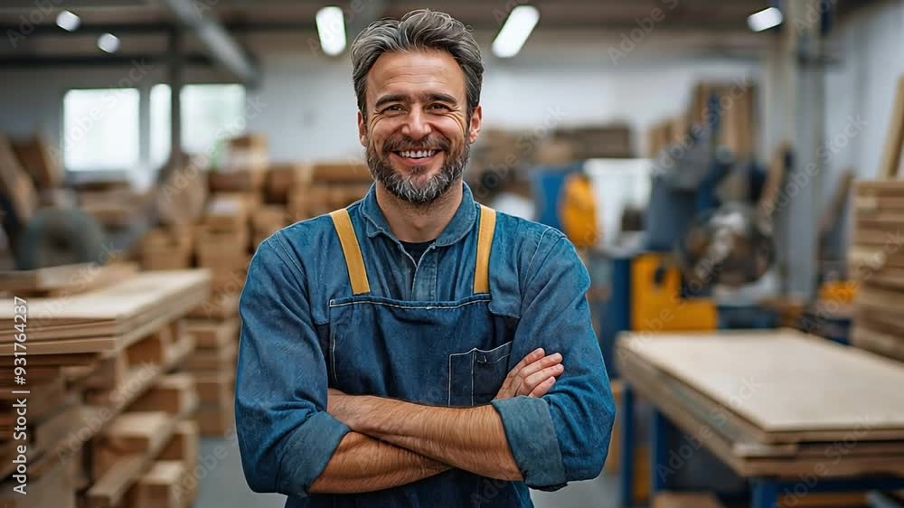 A skilled craftsman smiles confidently in his workshop, surrounded by woodworking tools and materials. A skilled craftsman smiles confidently in his workshop, surrounded by woodworking tools and materials.