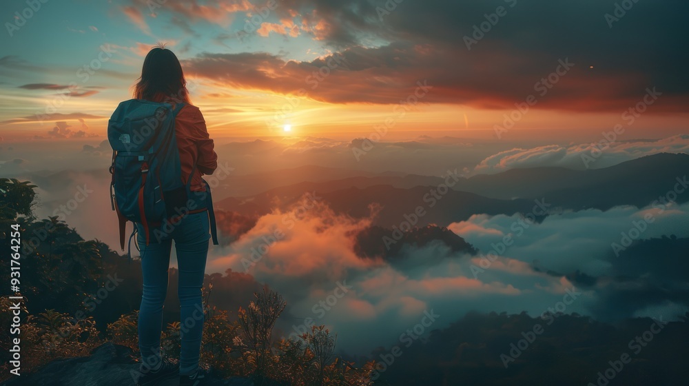 Obraz premium Woman with a backpack standing on a mountain