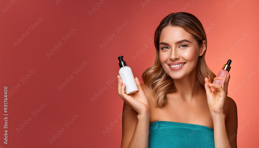 Alluring Female Influencer Showcases Radiant Skincare Routine Against Vibrant Backdrop Alluring Female Influencer Showcases Radiant Skincare Routine Against Vibrant Backdrop