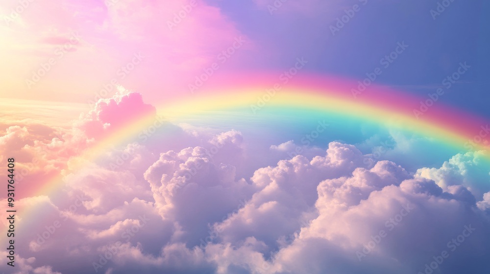 Vibrant rainbow arching over fluffy clouds in Vibrant rainbow arching over fluffy clouds in
