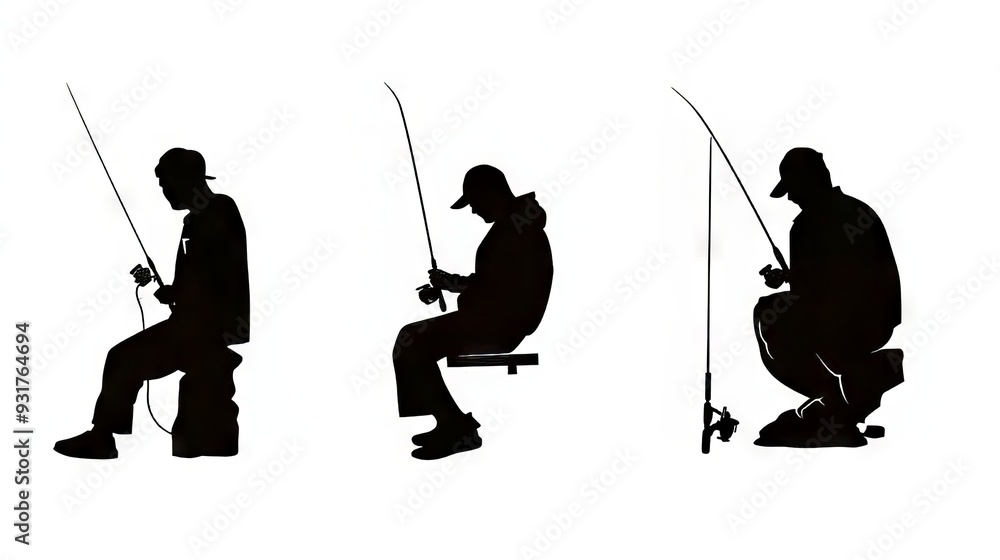 Silhouettes of a male fisherman engaged in various fishing poses. Silhouettes of a male fisherman engaged in various fishing poses.