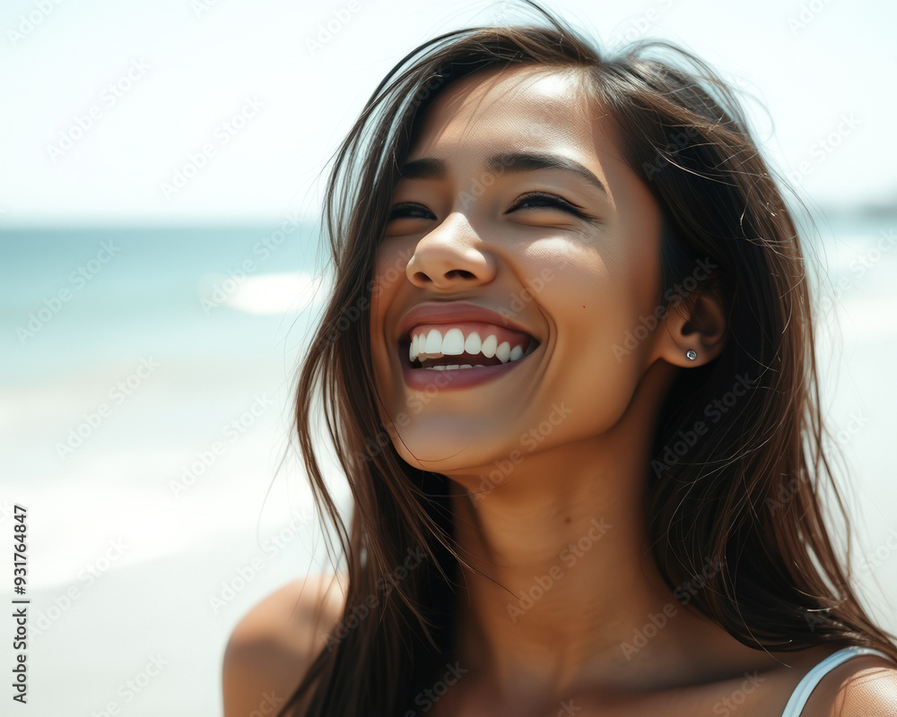Beautiful woman laughing with white teeth on beach Beautiful woman laughing with white teeth on beach