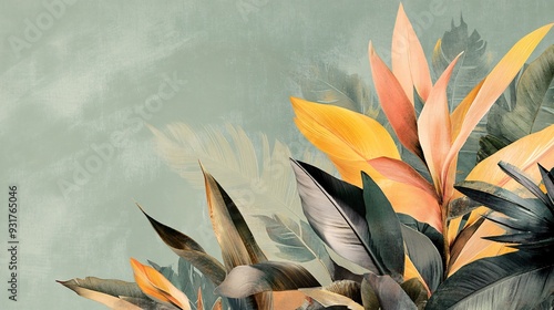 Exotic tropical foliage in a geometric abstract design on a muted green background