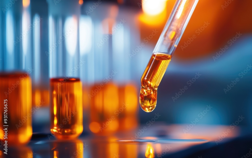 Close-up of a dropper releasing a golden liquid into glass tubes, showcasing laboratory research and scientific innovation. Close-up of a dropper releasing a golden liquid into glass tubes, showcasing laboratory research and scientific innovation.