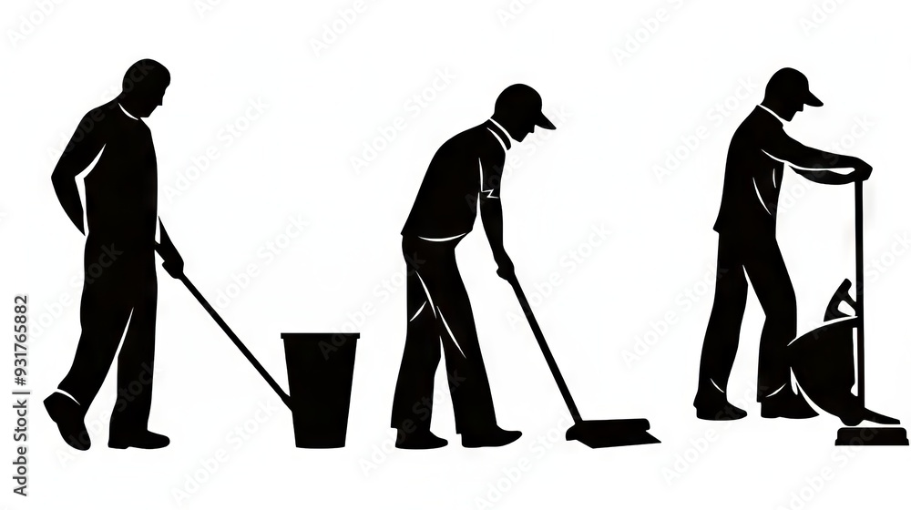 Fototapeta premium Silhouetted male workers engaged in various cleaning tasks.
