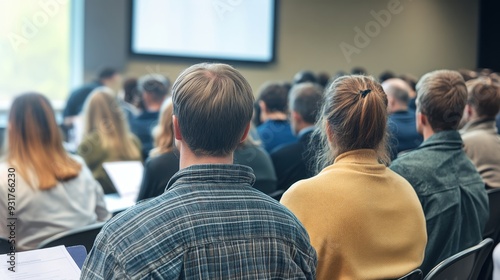 Diverse group of people seated attentively during a conference in a spacious meeting room setting.