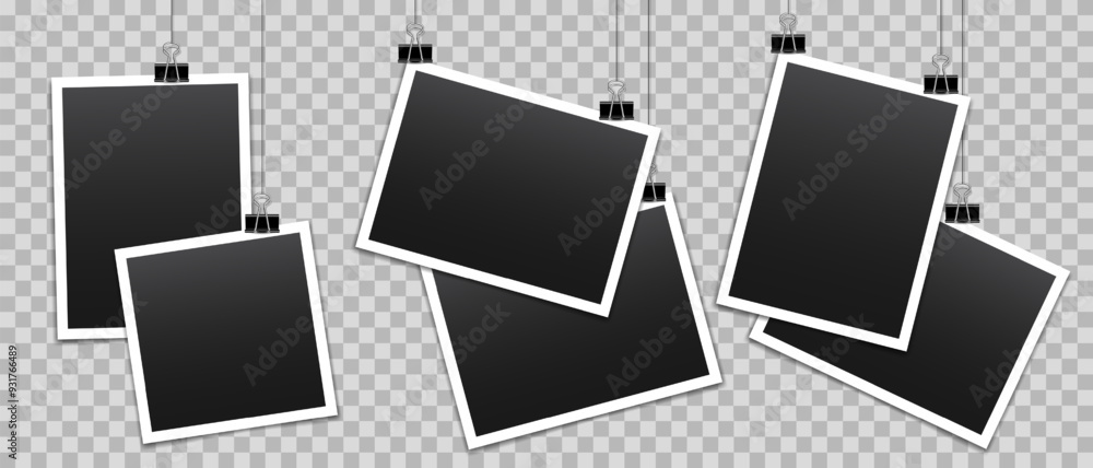 Vector blank photo frames with silver metal paper clip and shadow isolated on transparent background. Template mockup photo design. Vector blank photo frames with silver metal paper clip and shadow isolated on transparent background. Template mockup photo design.