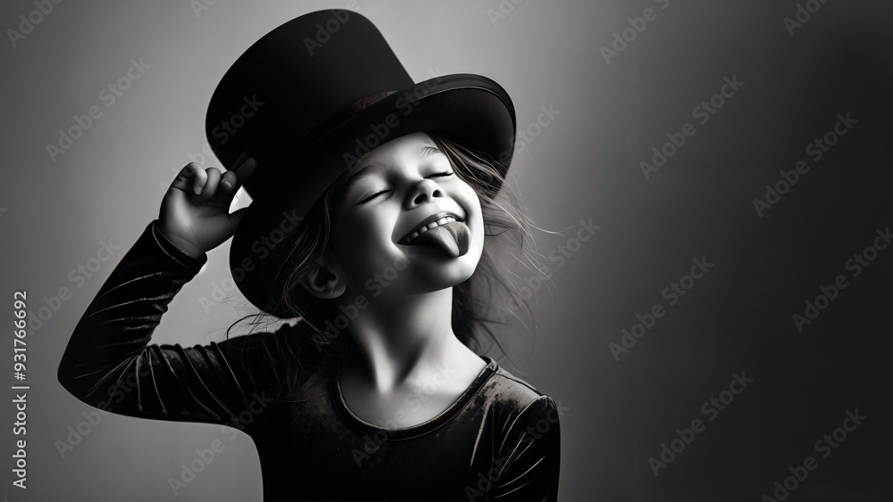 Childhood Joy in Black and White. Smiling girl with a top hat making a funny face. Childhood Joy in Black and White. Smiling girl with a top hat making a funny face.