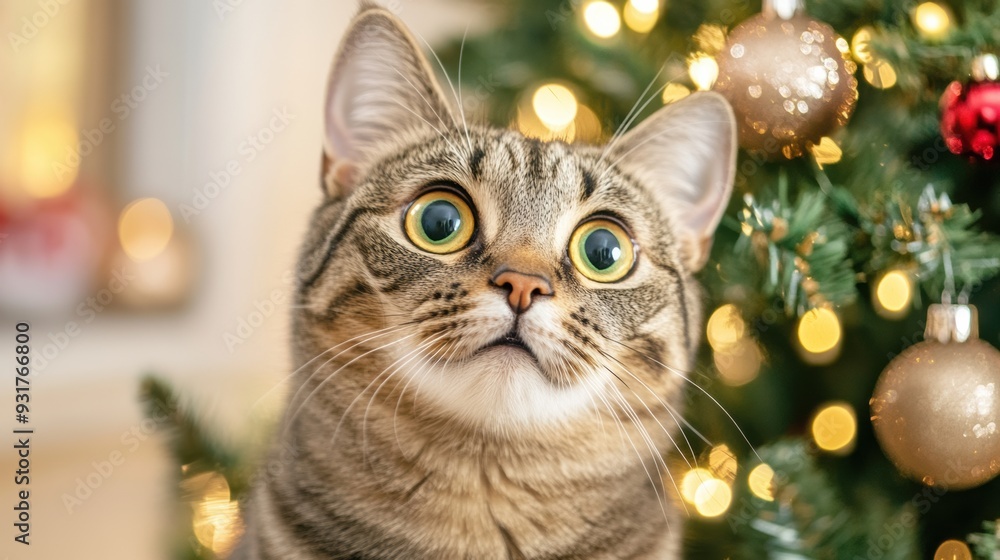 A cat sitting in front of a christmas tree with ornaments, AI A cat sitting in front of a christmas tree with ornaments, AI