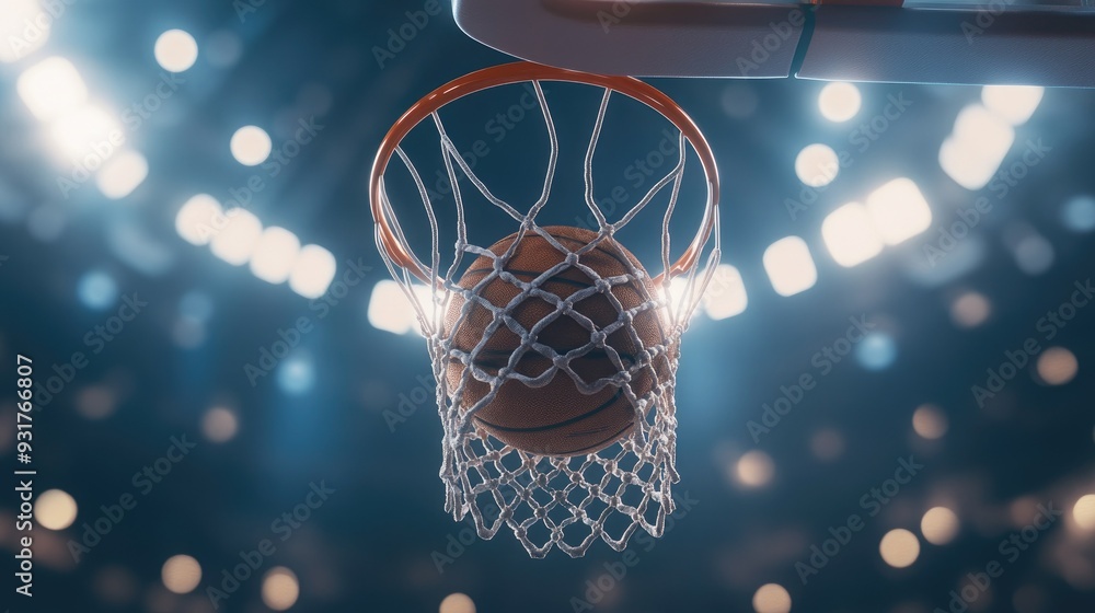 A basketball perfectly centered in the hoop, net swaying from the impact, set against a backdrop of stadium lights. A basketball perfectly centered in the hoop, net swaying from the impact, set against a backdrop of stadium lights.