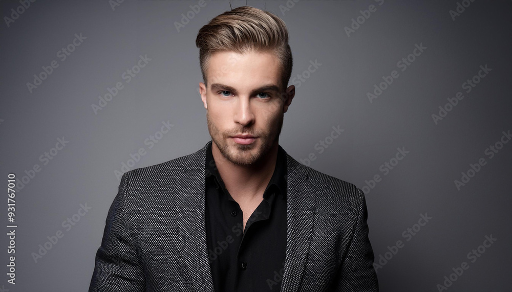 Avant Garde Fashion Model Posing Against Gray Backdrop in Photographic Portrait Avant Garde Fashion Model Posing Against Gray Backdrop in Photographic Portrait