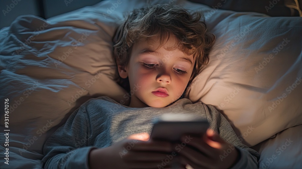 A child lying in bed, sleepy and exhausted, yet focused on a smartphone, capturing the essence of digital addiction. A child lying in bed, sleepy and exhausted, yet focused on a smartphone, capturing the essence of digital addiction.