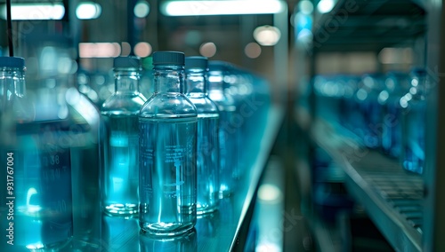 A close-up shot shows water bottles filled with pure, clean and refreshing blue microearthwater in a laboratory. The glass vials stand on metal shelves against an industrial background.