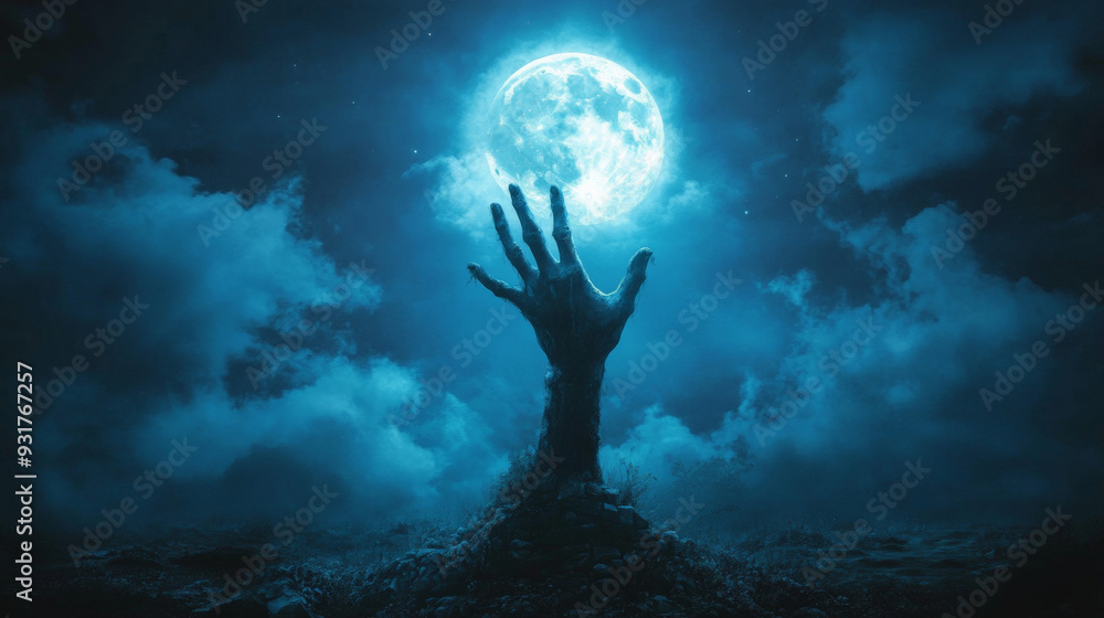 Horror Hands Rising Zombie hand rising from the grave, full moon night sky with clouds ...