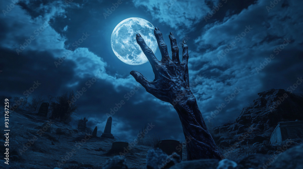 Horror Hands Rising Zombie hand rising from the grave, full moon night sky with clouds ...