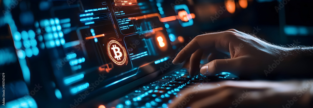 Business hand working with cryptocurrency and Ai conputer interface.