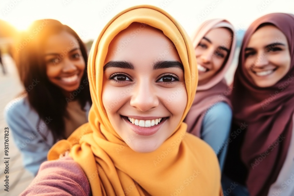 Group of beautiful satisfied cheerful rejoiced smiling young muslim women together wearing hijab outdoors, multinational cultures people Group of beautiful satisfied cheerful rejoiced smiling young muslim women together wearing hijab outdoors, multinational cultures people
