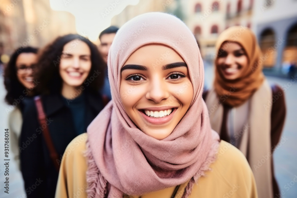Group of beautiful satisfied cheerful rejoiced smiling young muslim women together wearing hijab outdoors, multinational cultures people Group of beautiful satisfied cheerful rejoiced smiling young muslim women together wearing hijab outdoors, multinational cultures people
