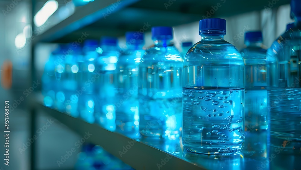 A close-up shot shows water bottles filled with pure, clean and refreshing blue microearthwater in a laboratory. The glass vials stand on metal shelves against an industrial background. A close-up shot shows water bottles filled with pure, clean and refreshing blue microearthwater in a laboratory. The glass vials stand on metal shelves against an industrial background.