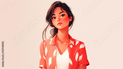 Charming Animated Girl in a Bright Red and White Shirt on a Light Background