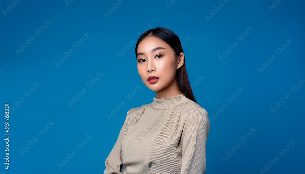 Captivating Confidence Trendy Fashion Model Poses on Solid Blue Background Captivating Confidence Trendy Fashion Model Poses on Solid Blue Background