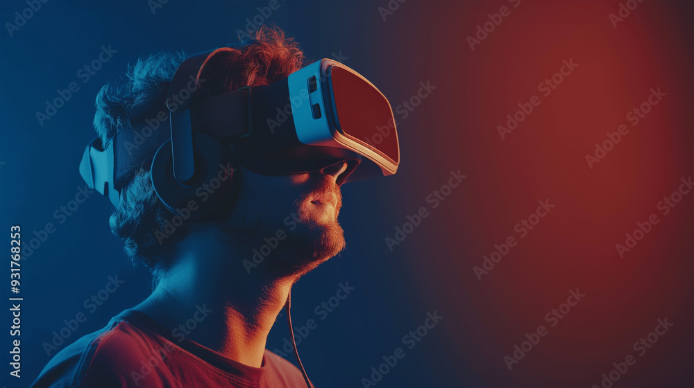 Young Man Engaged in Virtual Reality Experience with VR Headset, a Futuristic Environment with Neon Lighting and Modern Technology Young Man Engaged in Virtual Reality Experience with VR Headset, a Futuristic Environment with Neon Lighting and Modern Technology