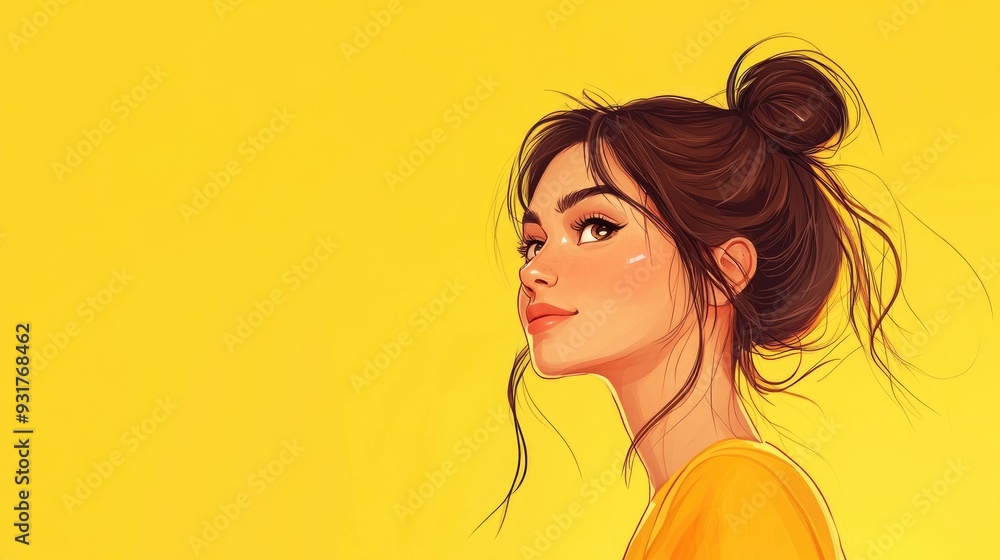Charming Young Cartoon Lady against Sunny Yellow Backdrop Gazing to the Side Charming Young Cartoon Lady against Sunny Yellow Backdrop Gazing to the Side