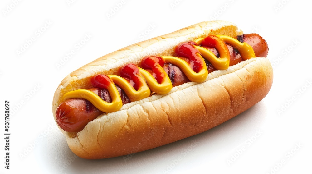 Professional photo of hot dog with mustard and ketchup.