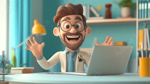 Cheerful animated character at a desk with a laptop smiling and showing open hands in a playful presentation of comparison and balance photo