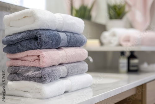 Towels Piled on Bathroom Shelf photo