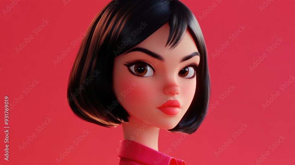 Charming 3D cartoon girl with sleek black hair striking a pose in a vibrant studio Style beauty fashion theme Charming 3D cartoon girl with sleek black hair striking a pose in a vibrant studio Style beauty fashion theme