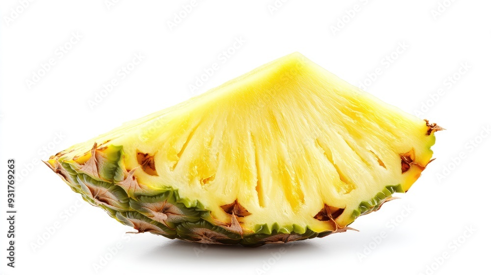 A perfect slice of pineapple, showcasing its bright yellow flesh and spiky skin, isolated on a white background. A perfect slice of pineapple, showcasing its bright yellow flesh and spiky skin, isolated on a white background.