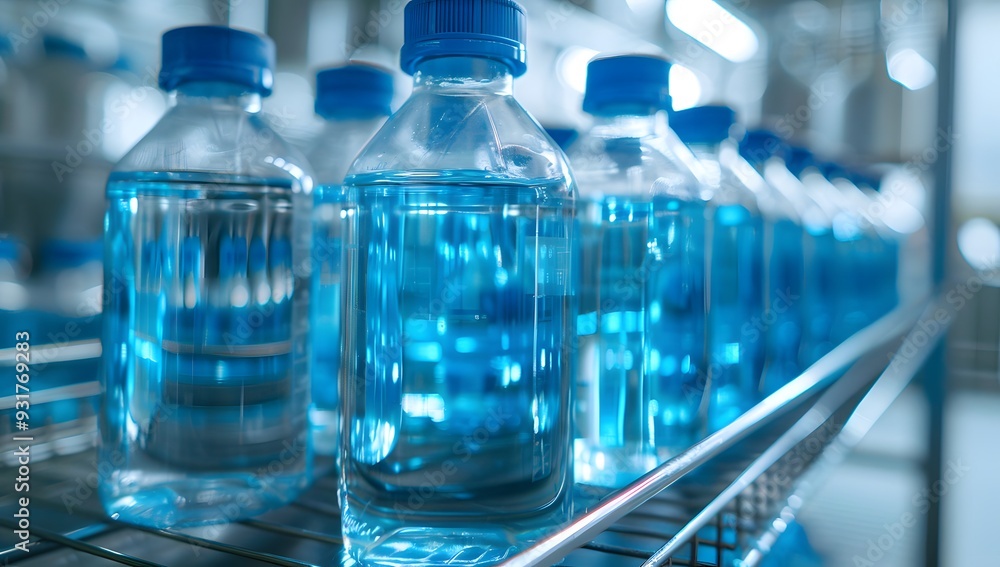 Rows of blue glass bottles on shelves, likely containing some kind of liquid product Rows of blue glass bottles on shelves, likely containing some kind of liquid product