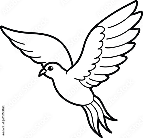 This flying bird coloring page for kids features a clear black and white graphic, ideal for young artists.
