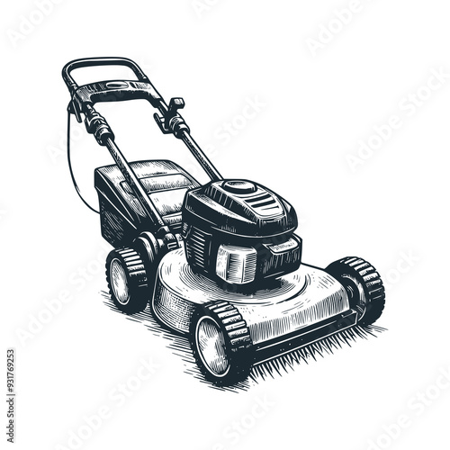 The grass trimmer. Black white vector logo illustration.
