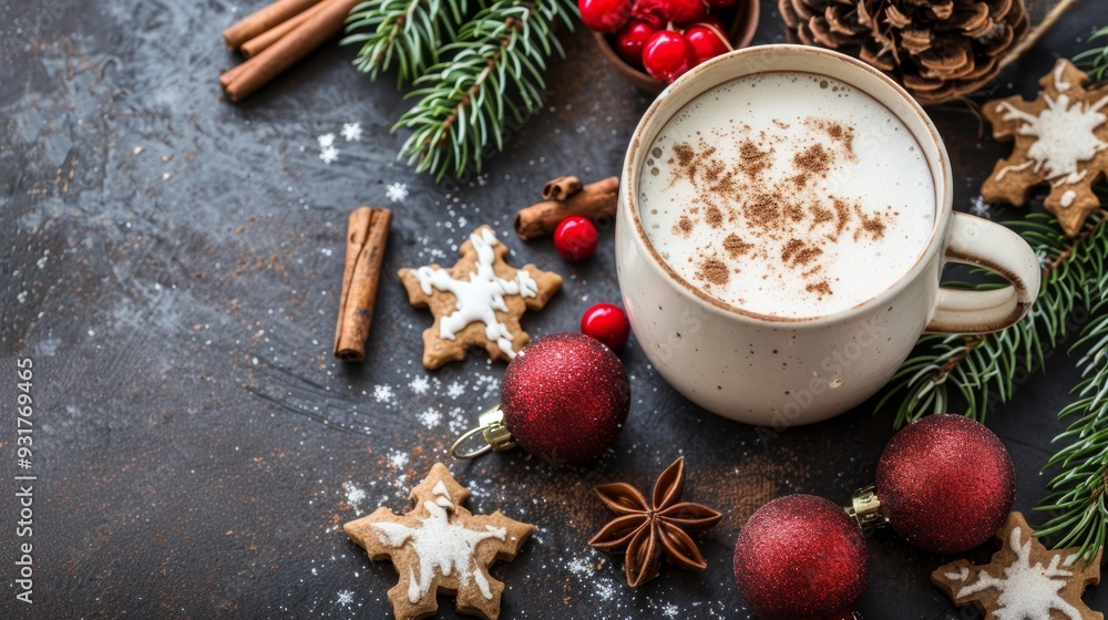 Festive mug with hot cocoa topped with whipped cream on a snowy background. Ideal for winter, holiday, and cozy beverage themes Festive mug with hot cocoa topped with whipped cream on a snowy background. Ideal for winter, holiday, and cozy beverage themes