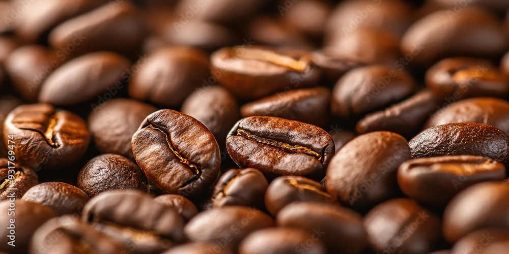 Naklejka premium Close-up of rich, roasted coffee beans. Perfect for showcasing the textures and colors of premium coffee.