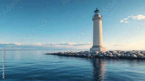 A picturesque lighthouse standing tall, guiding ships safely into a calm harbor under a clear blue sky.