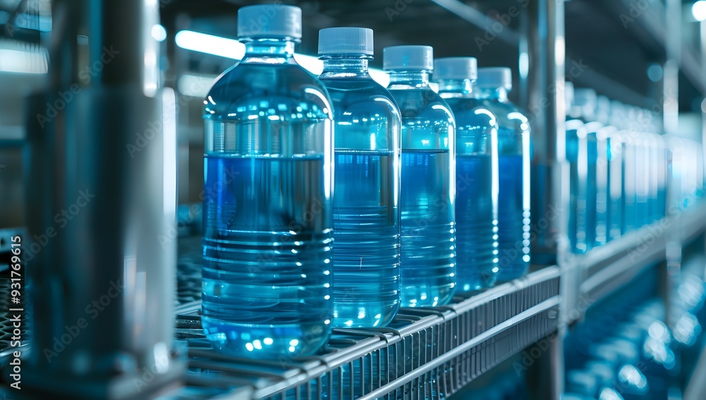 Rows of blue glass bottles on shelves, likely containing some kind of liquid product Rows of blue glass bottles on shelves, likely containing some kind of liquid product