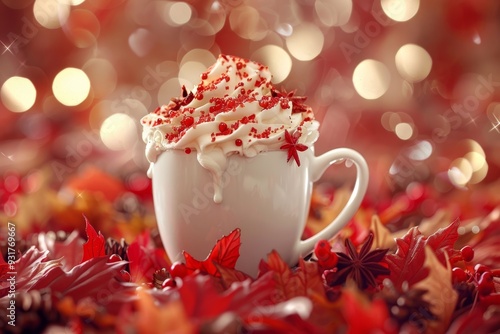 Festive mug with hot cocoa topped with whipped cream on a snowy background. Ideal for winter, holiday, and cozy beverage themes photo