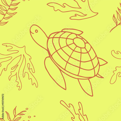 Seamless pattern with sea turtles and corals, underwater life, hand drawn. Vector seamless pattern. Suitable for textiles, covers, wall wallpaper, packaging, children's prints, etc.