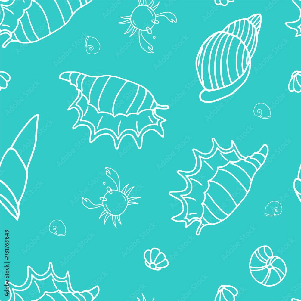 Blue seamless pattern with sea shells crabs and fishes, underwater life, hand drawn. Vector seamless pattern. Suitable for textiles, covers, wall wallpaper, packaging, children's prints, etc. Blue seamless pattern with sea shells crabs and fishes, underwater life, hand drawn. Vector seamless pattern. Suitable for textiles, covers, wall wallpaper, packaging, children's prints, etc.