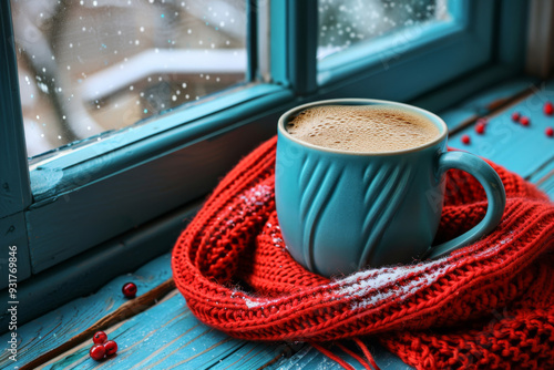 Festive mug with hot cocoa topped with whipped cream on a snowy background. Ideal for winter, holiday, and cozy beverage themes photo