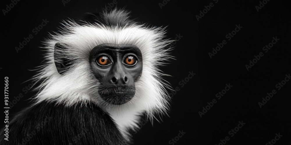 Photo of a Black & White Colobus monkey isolated against a black background, emphasising the Black & White Colobus monkey's majestic features. Wildlife and conservation concept, space for copy. Photo of a Black & White Colobus monkey isolated against a black background, emphasising the Black & White Colobus monkey's majestic features. Wildlife and conservation concept, space for copy.