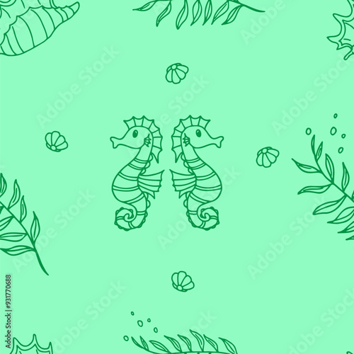 Seamless pattern with cute cartoon seahorses, corals, sea shells, underwater life, hand drawn. Seamless vector pattern. Suitable for textiles, covers, wall wallpaper, packaging, children's prints, etc