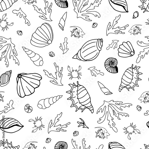 Black and white seamless pattern with seahorses, corals, sea shells, crabs, fish, underwater life, hand drawn. Vector seamless pattern. Suitable for textiles, covers, wall wallpaper, packaging