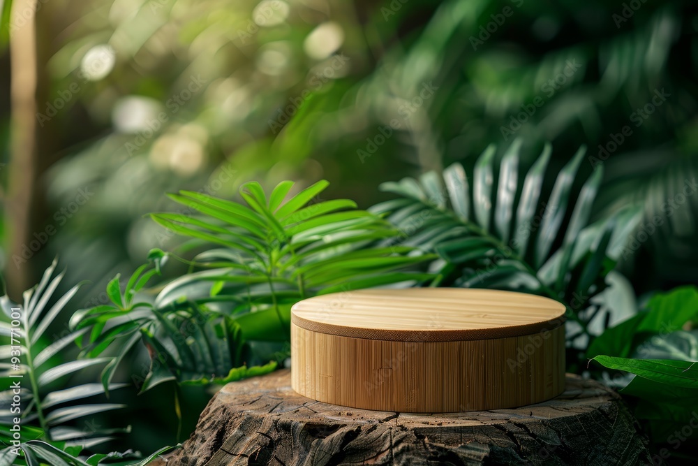 Minimal Circular Bamboo Podium Surrounded by Green Plants