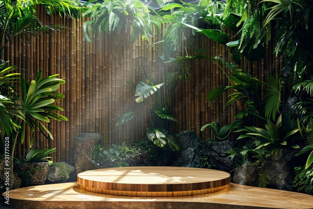 Circular Bamboo Podium Surrounded by Lush Green Plants Circular Bamboo Podium Surrounded by Lush Green Plants