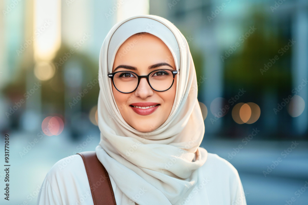 Portrait of a beautiful satisfied cheerful rejoiced smiling young muslim woman wearing hijab and glasses outdoors Portrait of a beautiful satisfied cheerful rejoiced smiling young muslim woman wearing hijab and glasses outdoors