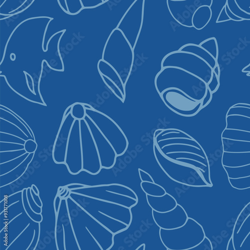 Blue seamless pattern with sea shells and fish, underwater life, hand drawn. Vector seamless pattern. Suitable for textiles, covers, wall wallpaper, packaging, children's prints, etc.